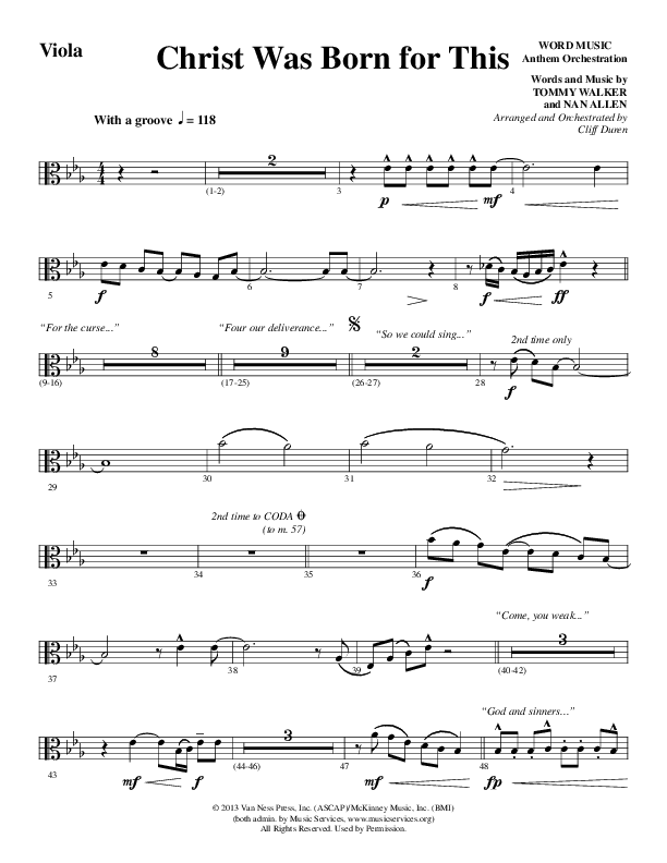 Christ Was Born For This (Choral Anthem SATB) Viola (Word Music Choral / Arr. Cliff Duren)
