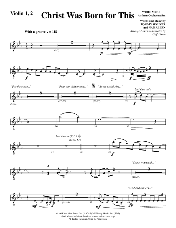 Christ Was Born For This (Choral Anthem SATB) Violin 1/2 (Word Music Choral / Arr. Cliff Duren)