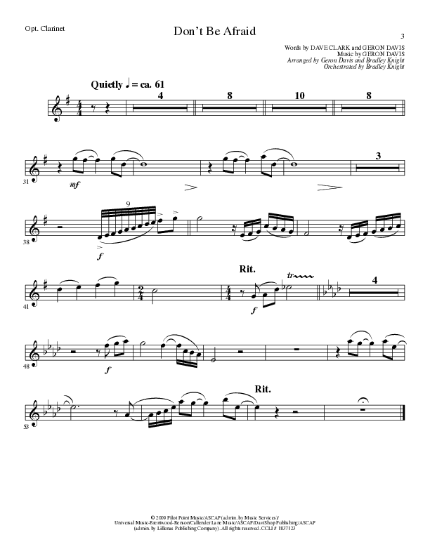 Don't Be Afraid (Choral Anthem SATB) Clarinet (Lillenas Choral / Arr. Geron Davis / Arr. Bradley Knight)