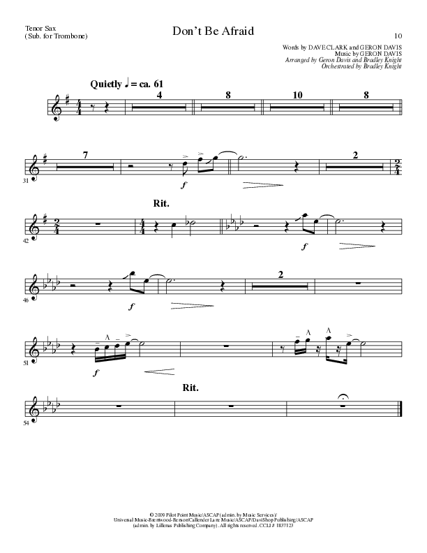 Don't Be Afraid (Choral Anthem SATB) Tenor Sax 1 (Lillenas Choral / Arr. Geron Davis / Arr. Bradley Knight)
