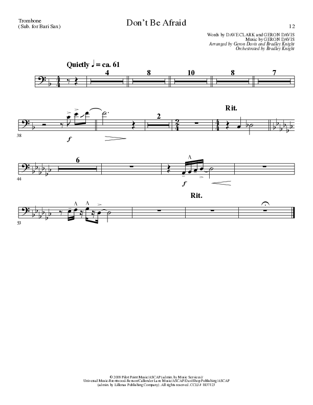 Don't Be Afraid (Choral Anthem SATB) Trombone (Lillenas Choral / Arr. Geron Davis / Arr. Bradley Knight)