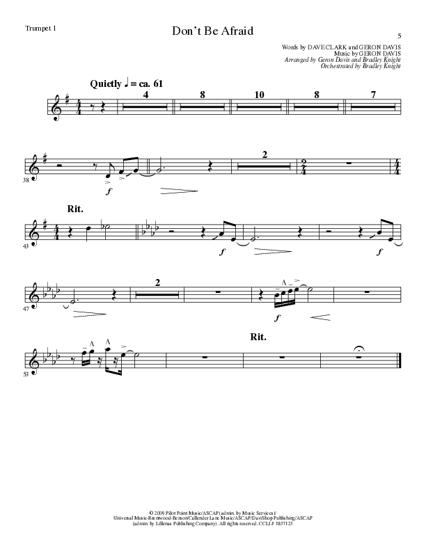 Don't Be Afraid (Choral Anthem SATB) Trumpet 1 (Lillenas Choral / Arr. Geron Davis / Arr. Bradley Knight)