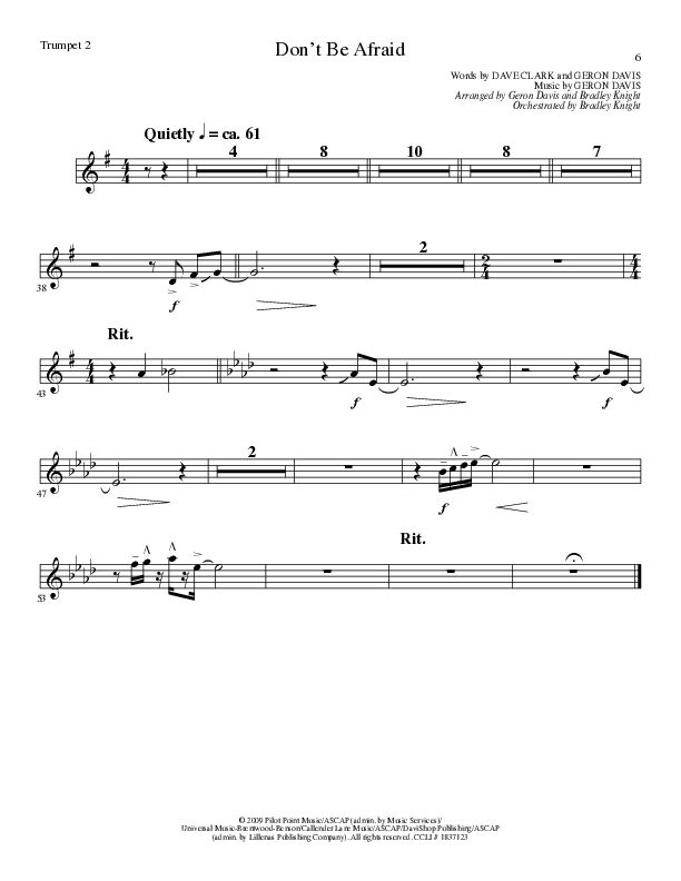 Don't Be Afraid (Choral Anthem SATB) Trumpet 2 (Lillenas Choral / Arr. Geron Davis / Arr. Bradley Knight)