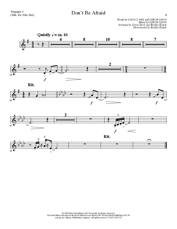Don't Be Afraid (Choral Anthem SATB) Trumpet 3 (Lillenas Choral / Arr. Geron Davis / Arr. Bradley Knight)