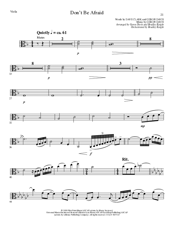 Don't Be Afraid (Choral Anthem SATB) Viola (Lillenas Choral / Arr. Geron Davis / Arr. Bradley Knight)