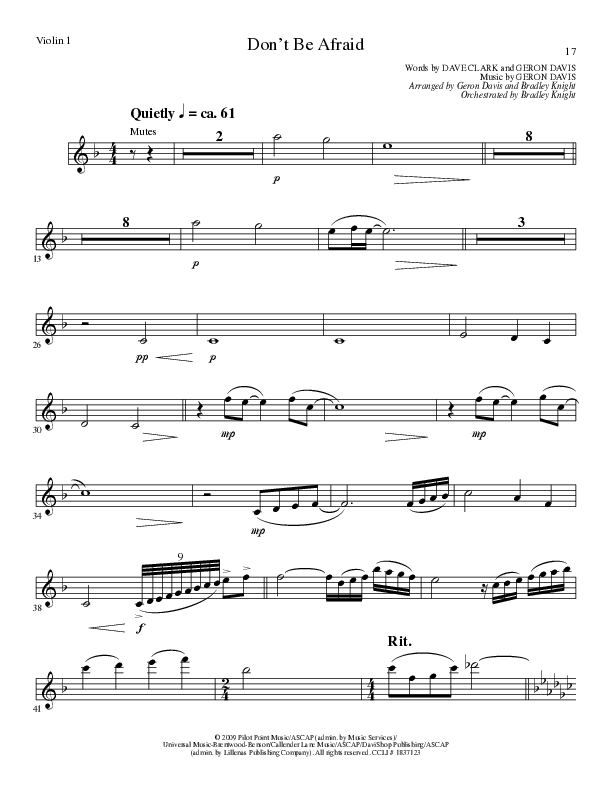 Don't Be Afraid (Choral Anthem SATB) Violin 1 (Lillenas Choral / Arr. Geron Davis / Arr. Bradley Knight)