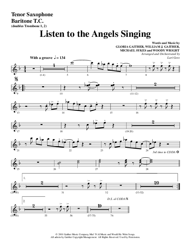 Listen To The Angels Singing (Choral Anthem SATB) Tenor Sax/Baritone T.C. (Word Music Choral / Arr. Lari Goss)