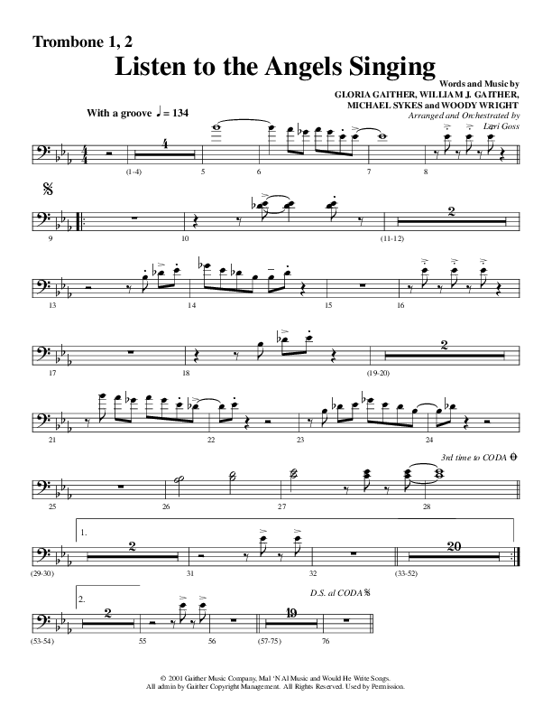 Listen To The Angels Singing (Choral Anthem SATB) Trombone 1/2 (Word Music Choral / Arr. Lari Goss)
