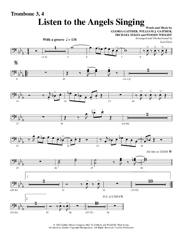 Listen To The Angels Singing (Choral Anthem SATB) Trombone 3/4 (Word Music Choral / Arr. Lari Goss)