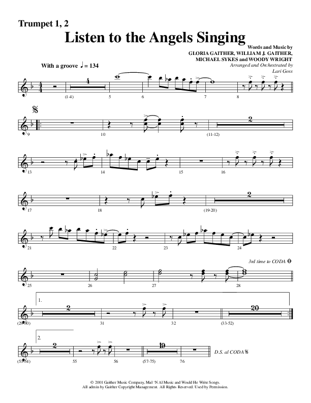 Listen To The Angels Singing (Choral Anthem SATB) Trumpet 1,2 (Word Music Choral / Arr. Lari Goss)