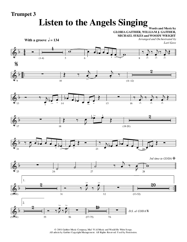 Listen To The Angels Singing (Choral Anthem SATB) Trumpet 3 (Word Music Choral / Arr. Lari Goss)