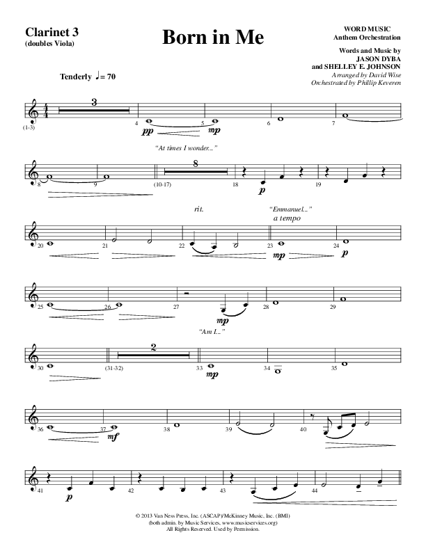 Born In Me (Choral Anthem SATB) Clarinet 3 (Word Music Choral / Arr. David Wise / Orch. Phillip Keveren)
