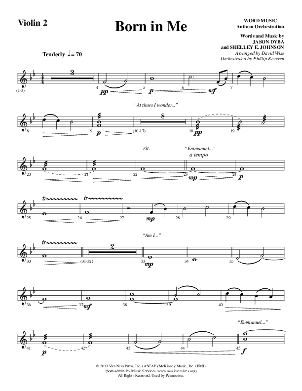 Born In Me (Choral Anthem SATB) Violin 2 (Word Music Choral / Arr. David Wise / Orch. Phillip Keveren)
