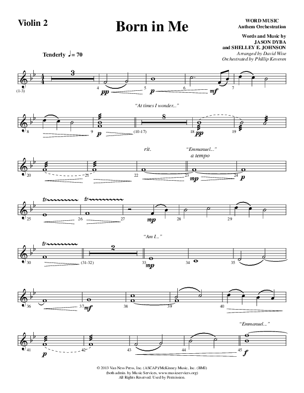 Born In Me (Choral Anthem SATB) Violin 2 (Word Music Choral / Arr. David Wise / Orch. Philip Keveren)