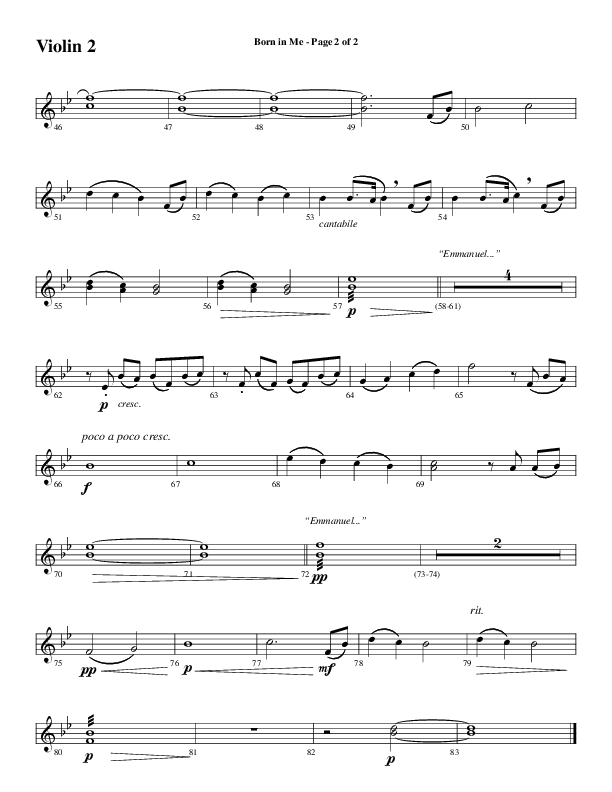 Born In Me (Choral Anthem SATB) Violin 2 (Word Music Choral / Arr. David Wise / Orch. Phillip Keveren)