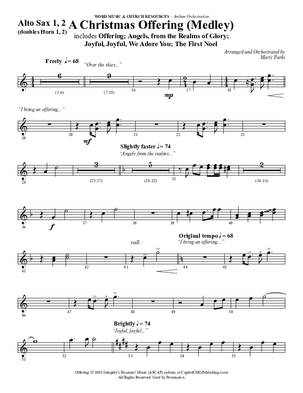 A Christmas Ofering (Medley) (Choral Anthem SATB) Alto Sax 1/2 (Word Music Choral / Arr. Marty Parks)