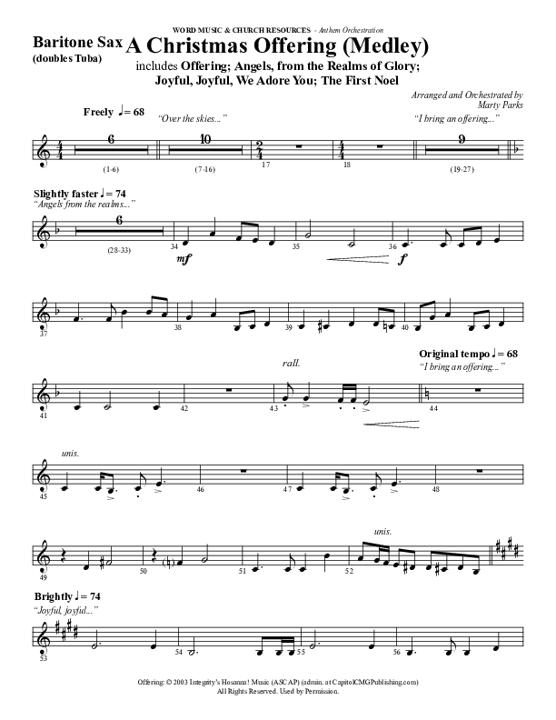 A Christmas Ofering (Medley) (Choral Anthem SATB) Bari Sax (Word Music Choral / Arr. Marty Parks)