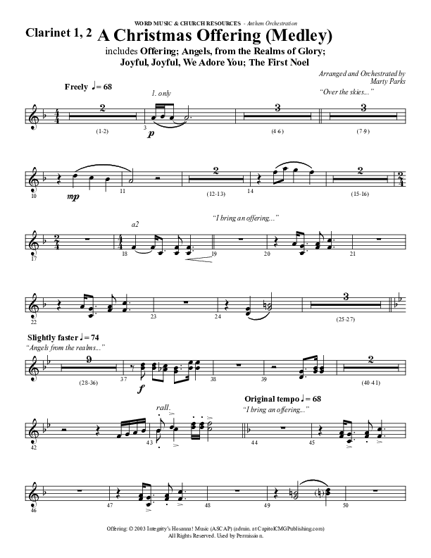 A Christmas Ofering (Medley) (Choral Anthem SATB) Clarinet 1/2 (Word Music Choral / Arr. Marty Parks)