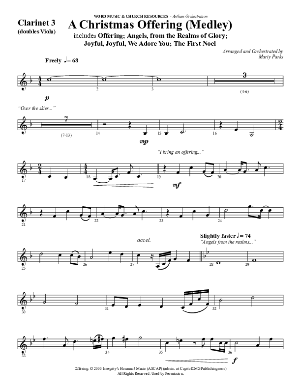 A Christmas Ofering (Medley) (Choral Anthem SATB) Clarinet 3 (Word Music Choral / Arr. Marty Parks)