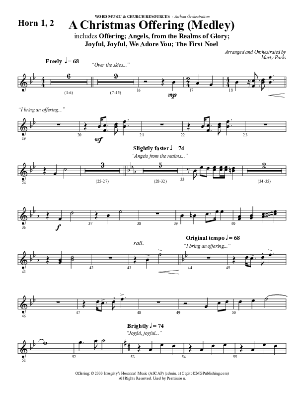 A Christmas Ofering (Medley) (Choral Anthem SATB) French Horn 1/2 (Word Music Choral / Arr. Marty Parks)