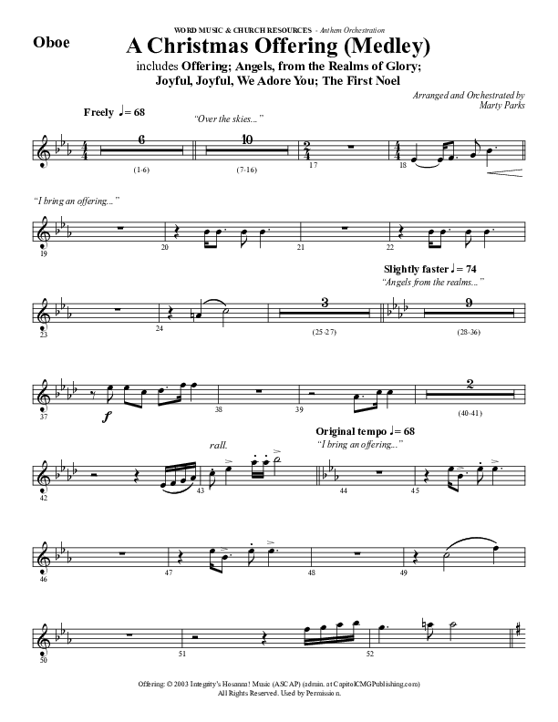 A Christmas Ofering (Medley) (Choral Anthem SATB) Oboe (Word Music Choral / Arr. Marty Parks)