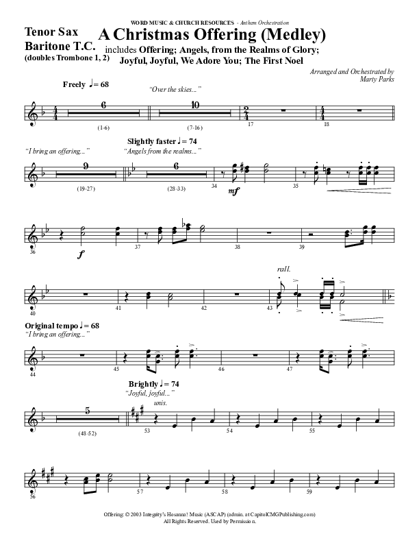 A Christmas Ofering (Medley) (Choral Anthem SATB) Tenor Sax/Baritone T.C. (Word Music Choral / Arr. Marty Parks)