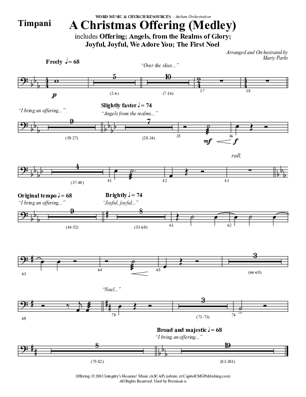 A Christmas Ofering (Medley) (Choral Anthem SATB) Timpani (Word Music Choral / Arr. Marty Parks)