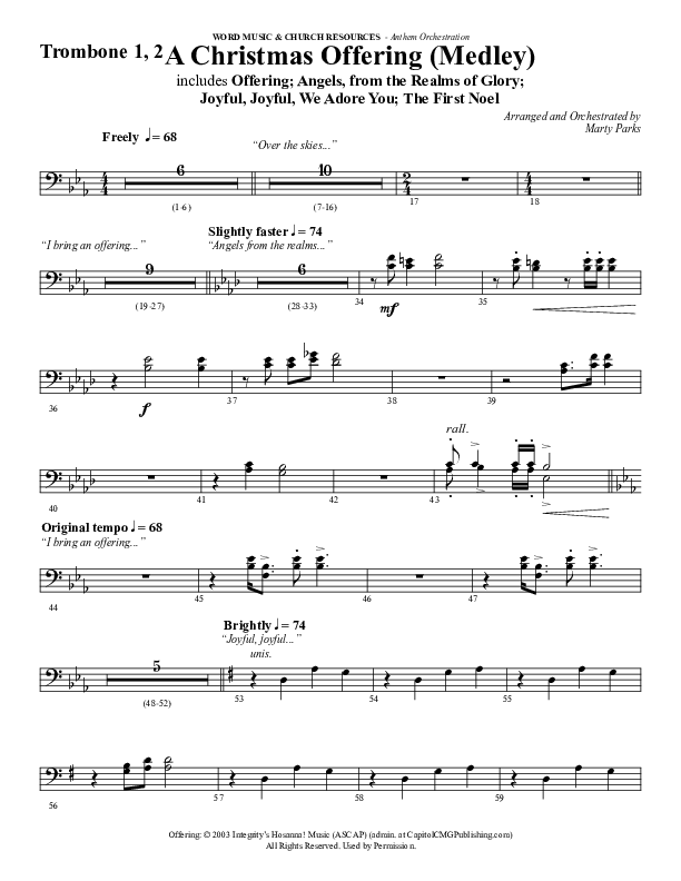 A Christmas Ofering (Medley) (Choral Anthem SATB) Trombone 1/2 (Word Music Choral / Arr. Marty Parks)