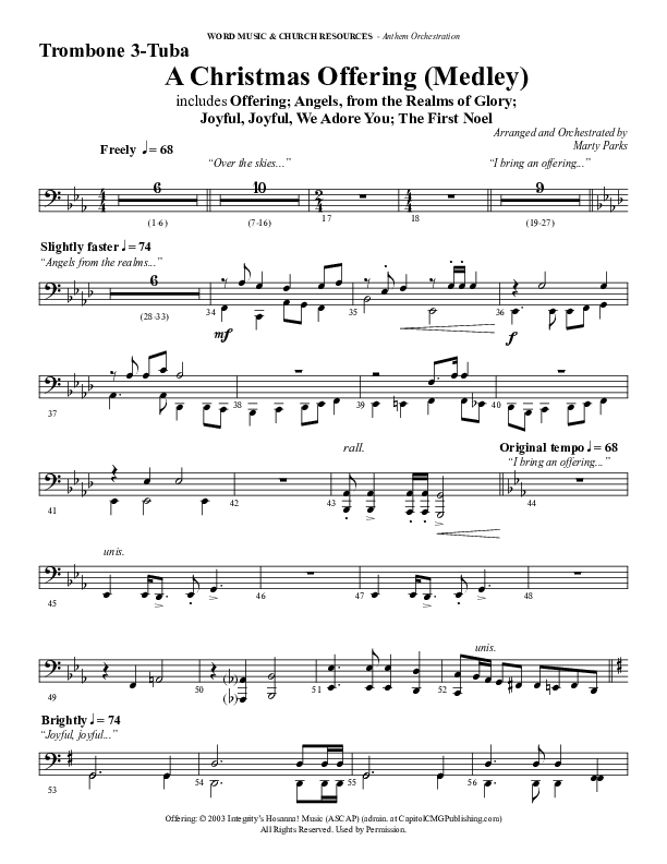 A Christmas Ofering (Medley) (Choral Anthem SATB) Trombone 3/Tuba (Word Music Choral / Arr. Marty Parks)