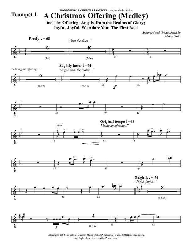 A Christmas Ofering (Medley) (Choral Anthem SATB) Trumpet 1 (Word Music Choral / Arr. Marty Parks)