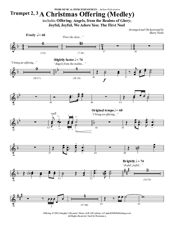 A Christmas Ofering (Medley) (Choral Anthem SATB) Trumpet 2/3 (Word Music Choral / Arr. Marty Parks)