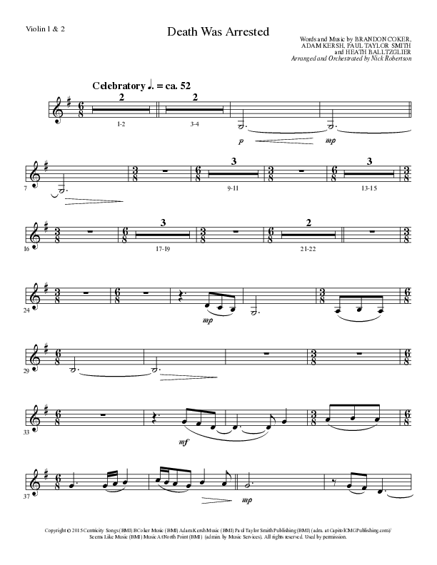 Death Was Arrested (Choral Anthem SATB) Violin 1/2 (Lillenas Choral / Arr. Nick Robertson)