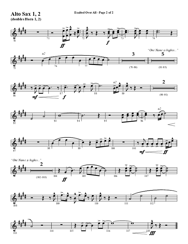Exalted Over All (Choral Anthem SATB) Alto Sax 1/2 (Word Music Choral / Arr. David Wise / Arr. Daniel Semsen)