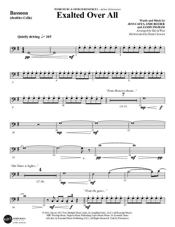 Exalted Over All (Choral Anthem SATB) Bassoon (Word Music Choral / Arr. David Wise / Arr. Daniel Semsen)