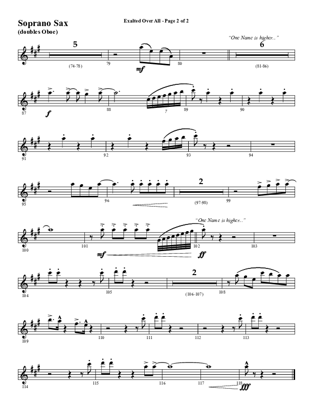 Exalted Over All (Choral Anthem SATB) Soprano Sax (Word Music Choral / Arr. David Wise / Arr. Daniel Semsen)