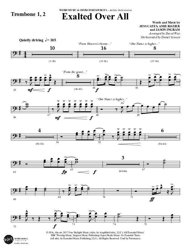Exalted Over All (Choral Anthem SATB) Trombone 1/2 (Word Music Choral / Arr. David Wise / Arr. Daniel Semsen)