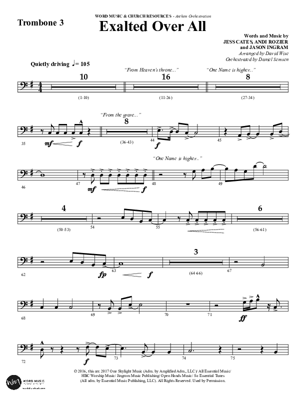 Exalted Over All (Choral Anthem SATB) Trombone 3 (Word Music Choral / Arr. David Wise / Arr. Daniel Semsen)