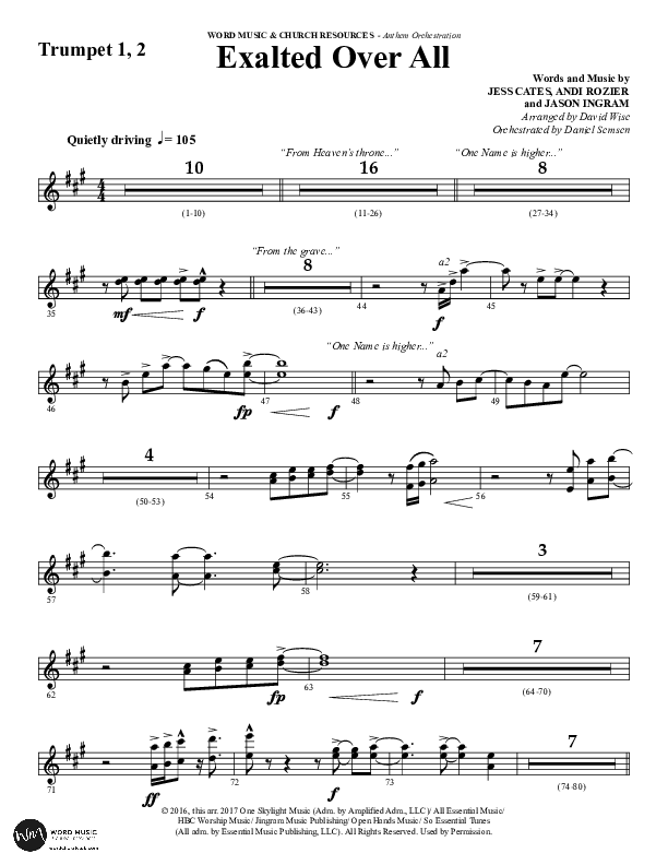 Exalted Over All (Choral Anthem SATB) Trumpet 1,2 (Word Music Choral / Arr. David Wise / Arr. Daniel Semsen)