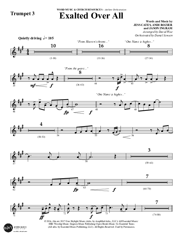 Exalted Over All (Choral Anthem SATB) Trumpet 3 (Word Music Choral / Arr. David Wise / Arr. Daniel Semsen)