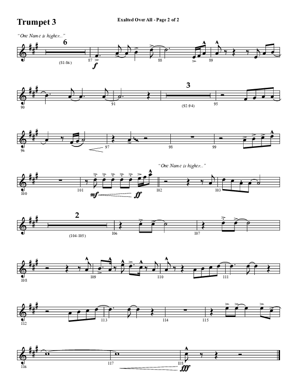 Exalted Over All (Choral Anthem SATB) Trumpet 3 (Word Music Choral / Arr. David Wise / Arr. Daniel Semsen)