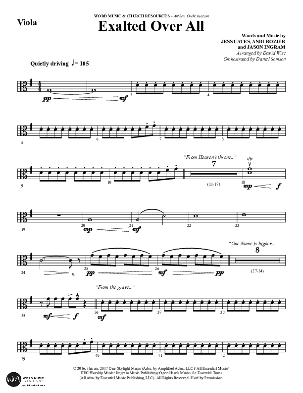 Exalted Over All (Choral Anthem SATB) Viola (Word Music Choral / Arr. David Wise / Arr. Daniel Semsen)