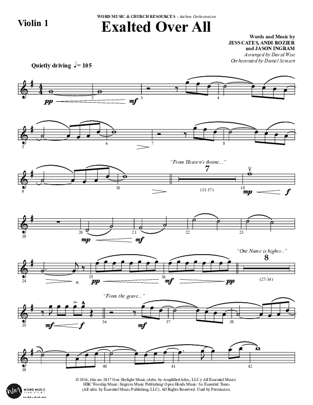 Exalted Over All (Choral Anthem SATB) Violin 1 (Word Music Choral / Arr. David Wise / Arr. Daniel Semsen)