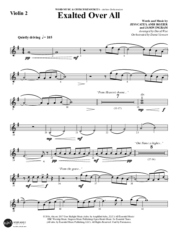 Exalted Over All (Choral Anthem SATB) Violin 2 (Word Music Choral / Arr. David Wise / Arr. Daniel Semsen)