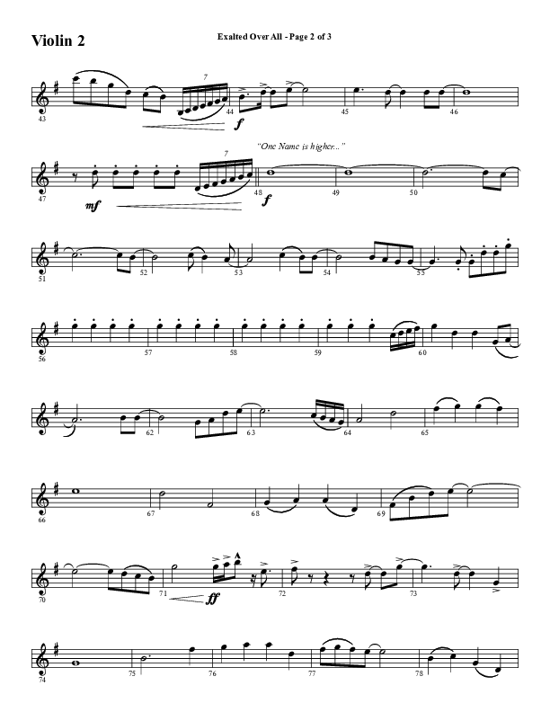 Exalted Over All (Choral Anthem SATB) Violin 2 (Word Music Choral / Arr. David Wise / Arr. Daniel Semsen)