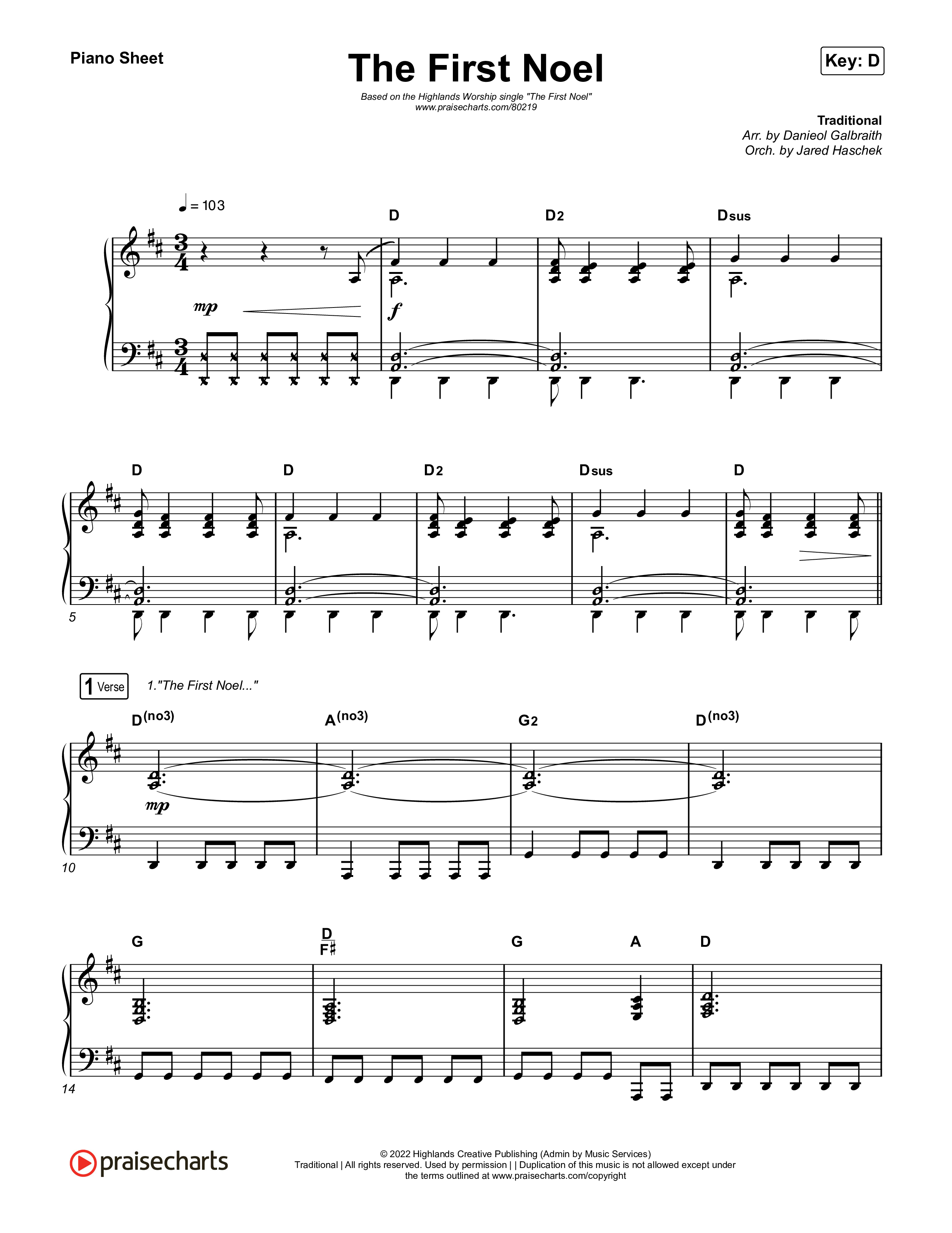 The First Noel Piano Sheet (Highlands Worship)