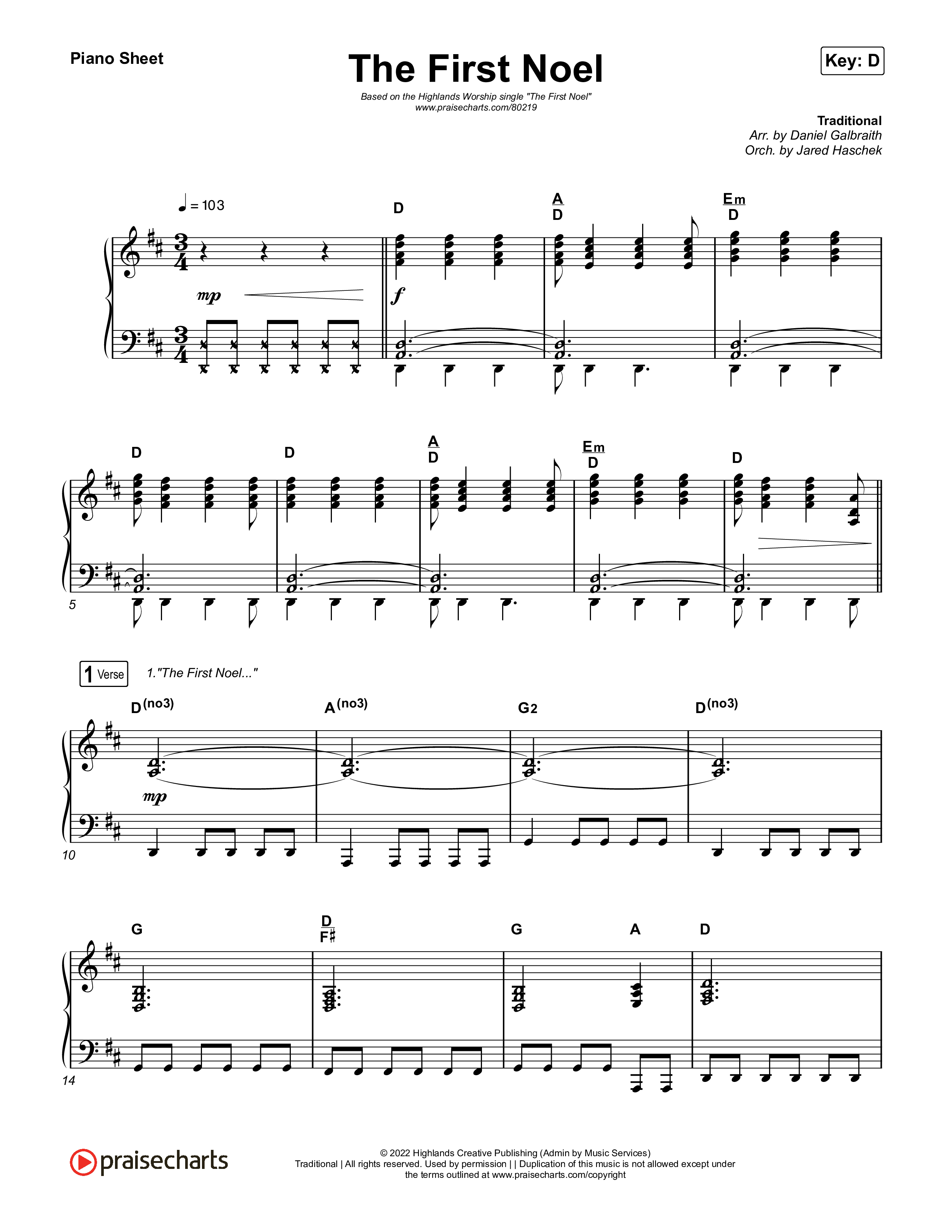 The First Noel Piano Sheet (Highlands Worship)