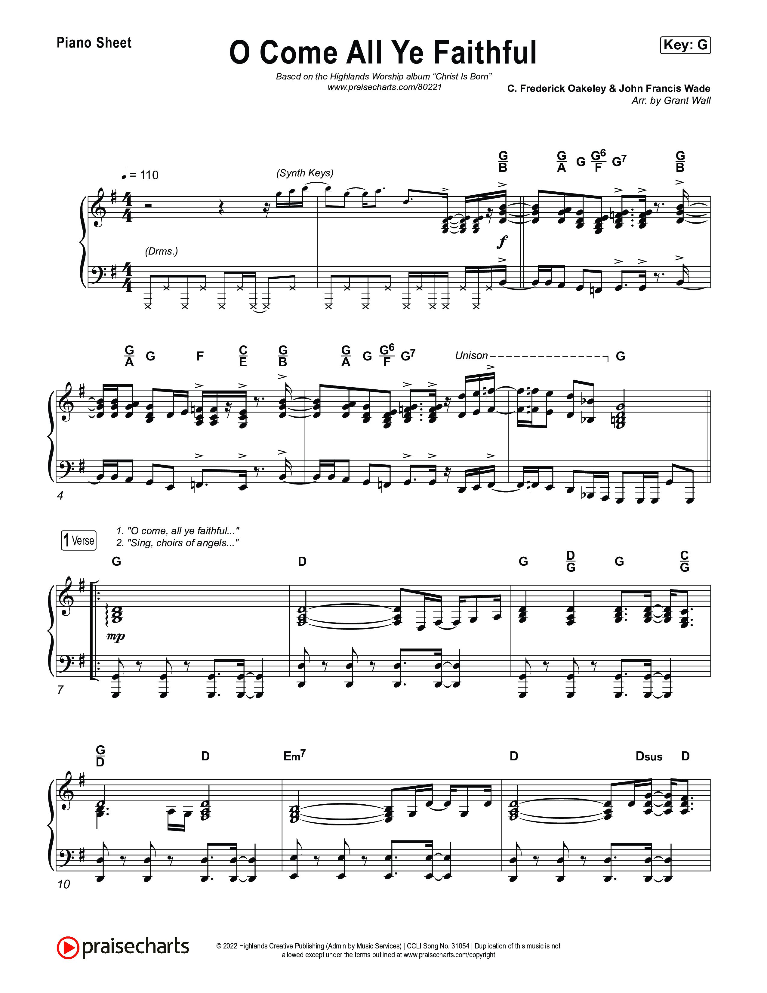 O Come All Ye Faithful Piano Sheet (Highlands Worship)