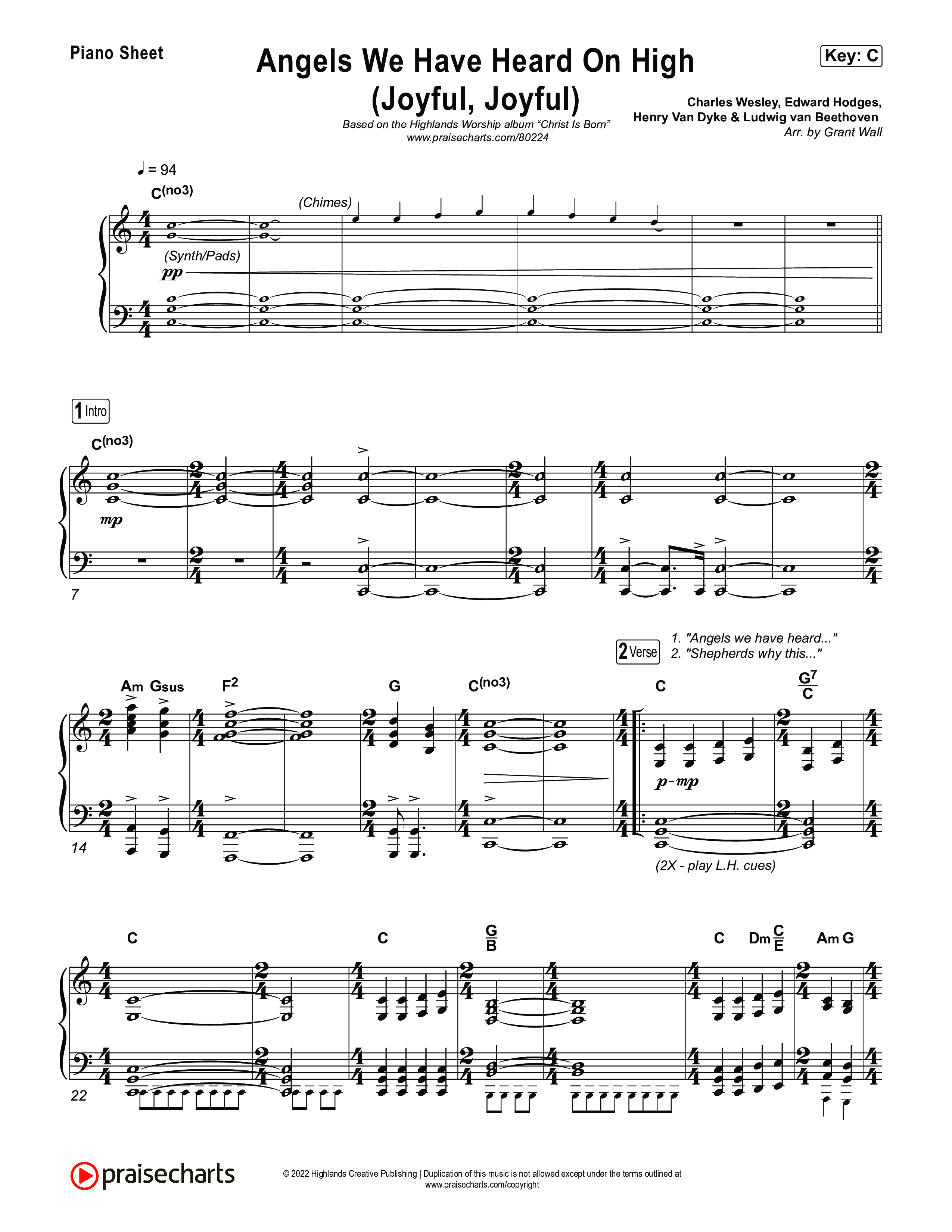 Angels We Have Heard On High (Joyful Joyful) Piano Sheet (Highlands Worship)