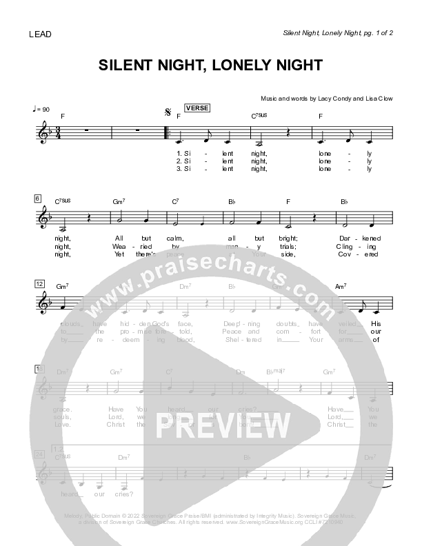 Silent Night Lonely Night Lead Sheet Melody (Sovereign Grace)
