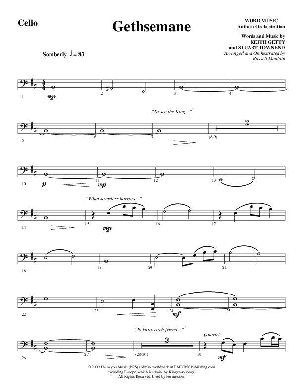 Gethsemane (To See The King Of Heaven Fall) (Choral Anthem SATB) Cello (Word Music Choral / Arr. Russell Mauldin)